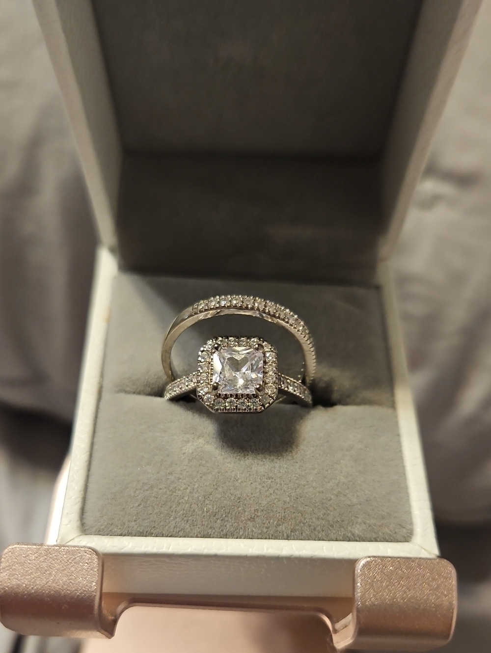 Sterling Silver Cushion Halo Engagement Ring Set in White